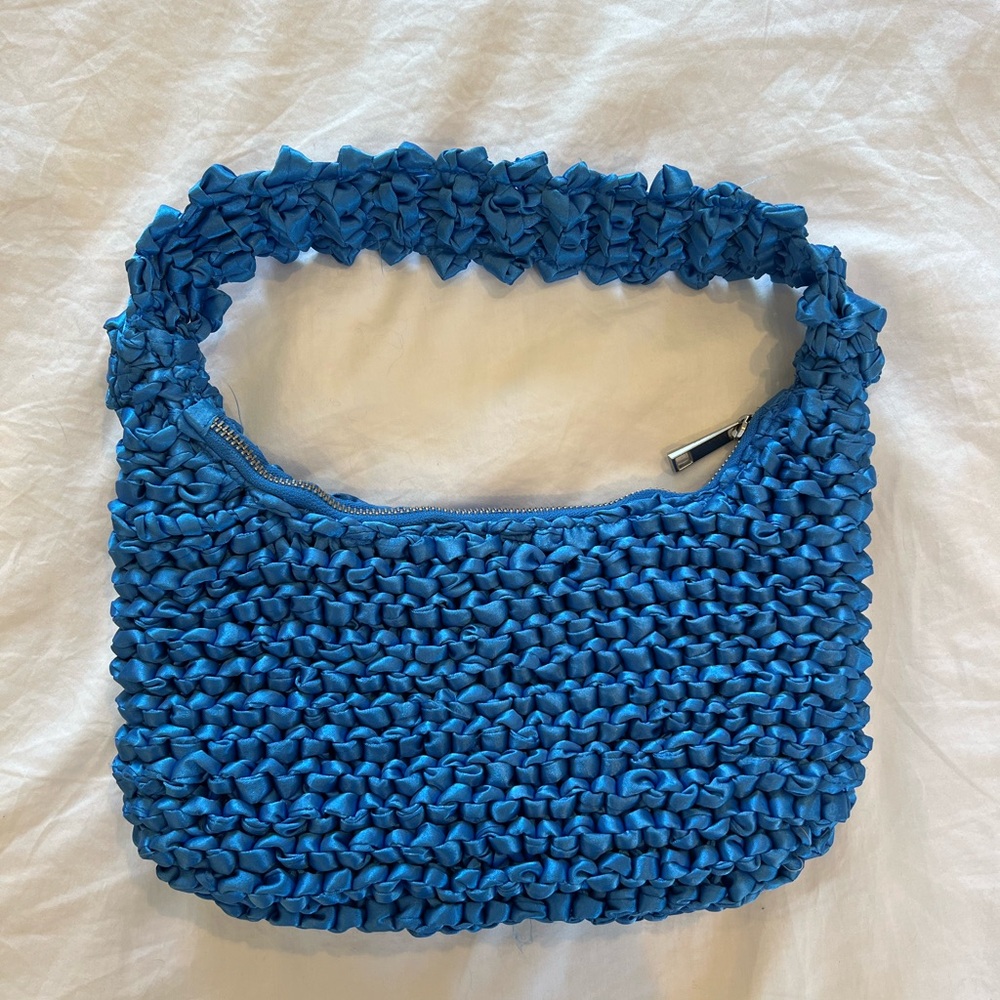 MANGO Bright Blue Woven Shoulder Bag